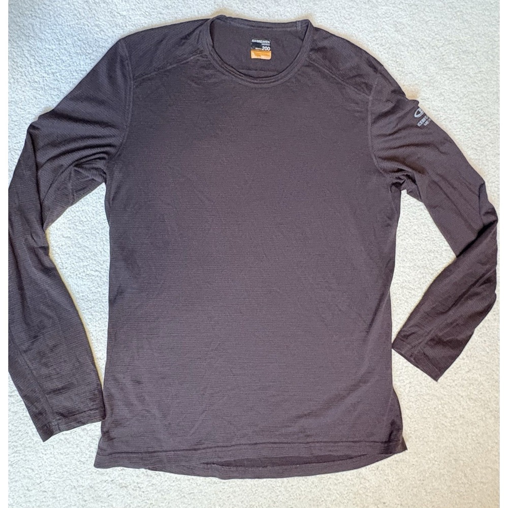Icebreaker Shirt L  Men's Long Sleeve Base Layer Merino Wool 200 Burgudy Stripe